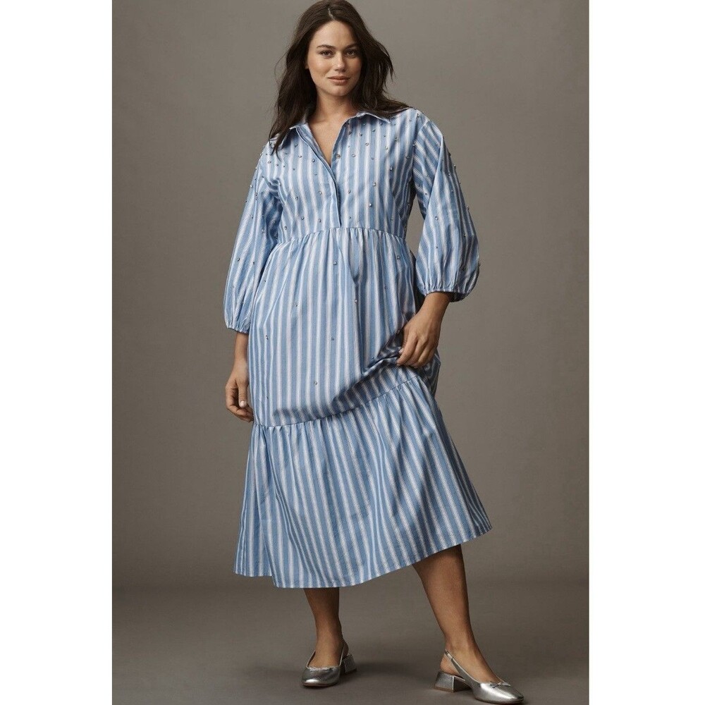 Maeve Bettina Embellished Blue & White Striped Tiered Midi Shirt Dress Sz 3X NWT